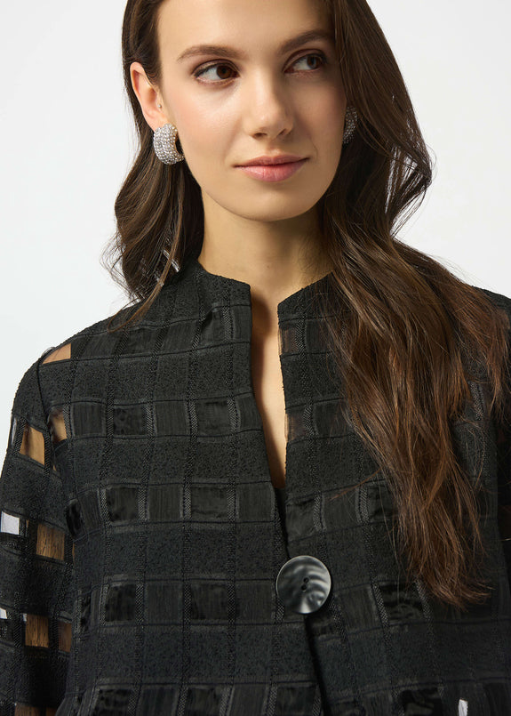 front view of plus size Joseph Ribkoff Novelty Sheer Check Swing Jacket in Black