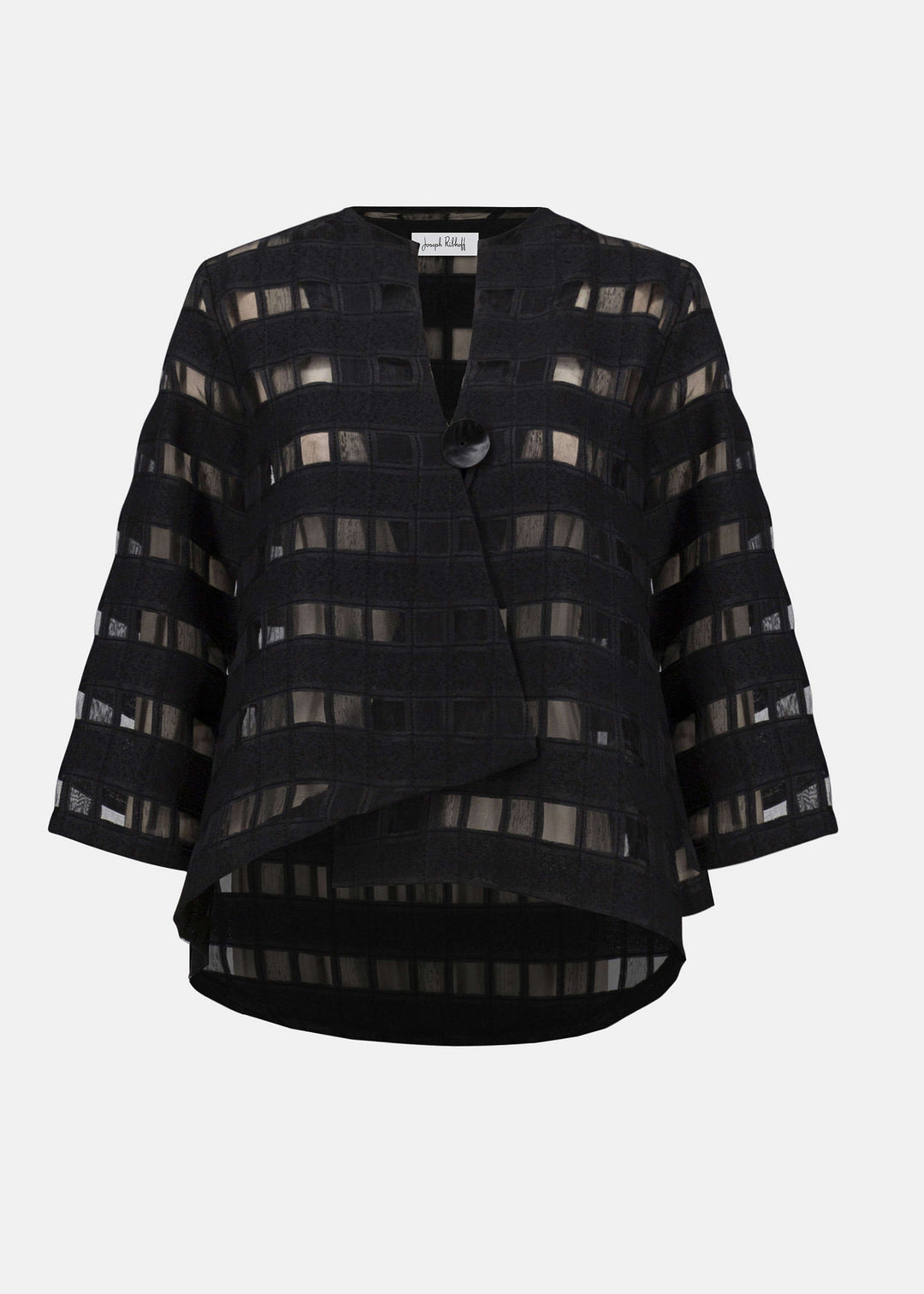 front view of plus size Joseph Ribkoff Novelty Sheer Check Swing Jacket in Black