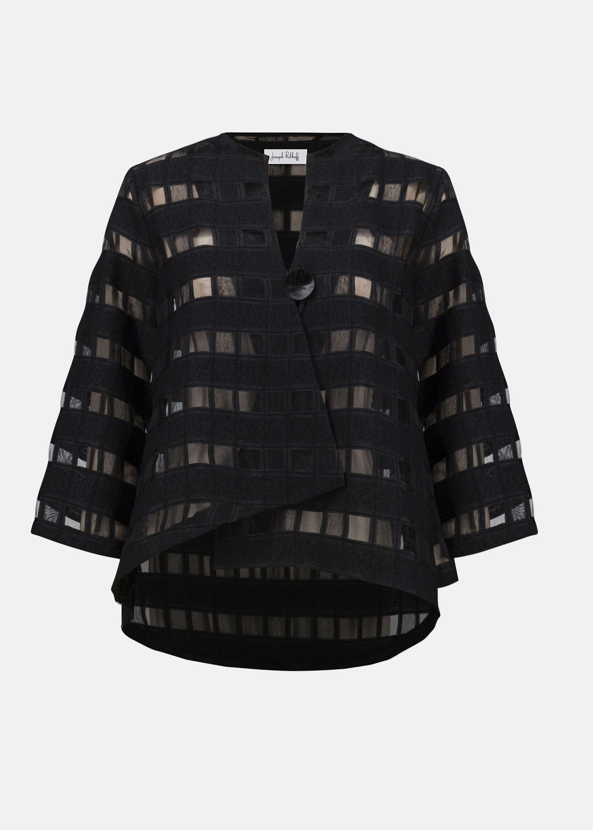 front view of plus size Joseph Ribkoff Novelty Sheer Check Swing Jacket in Black