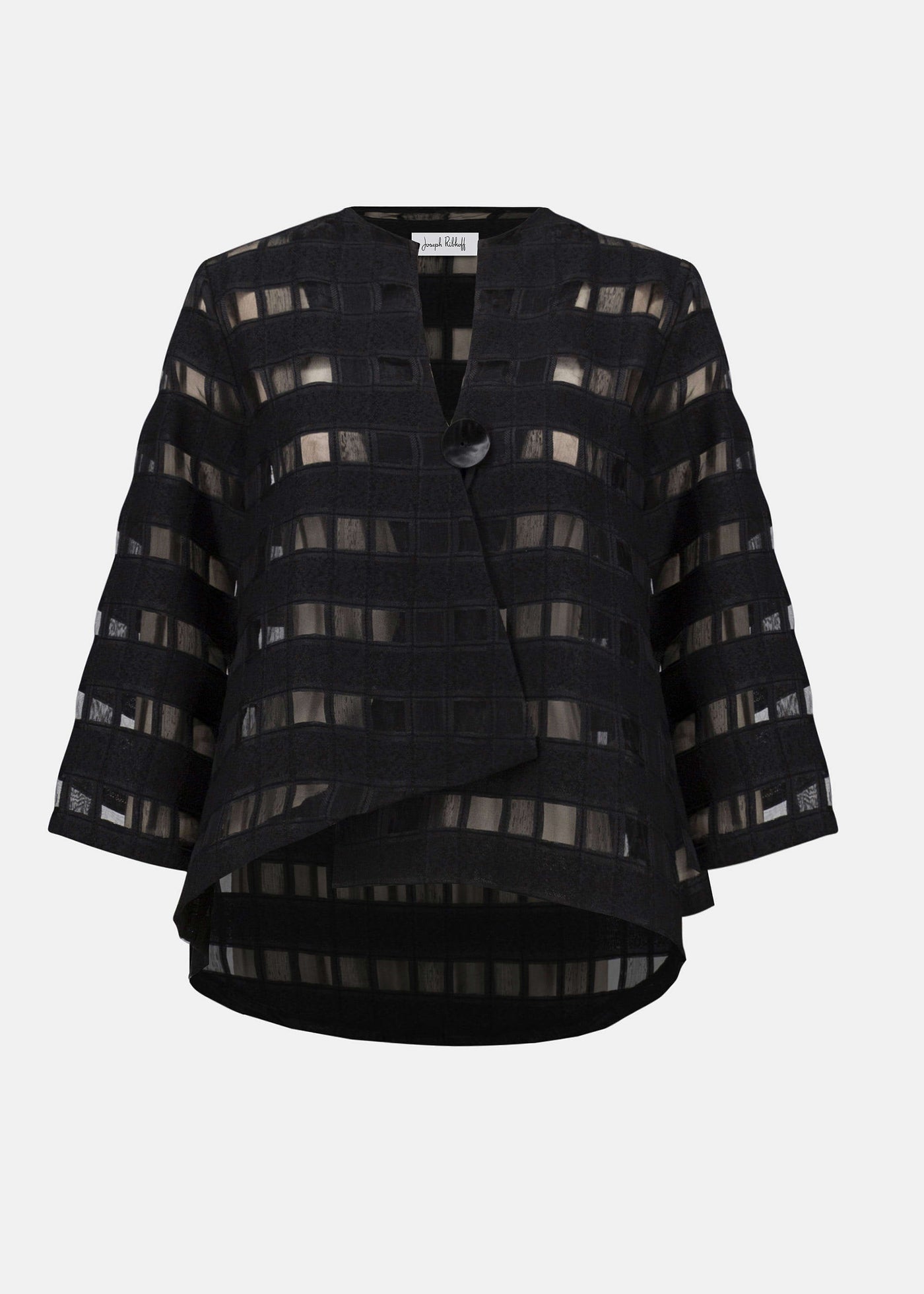 front view of plus size Joseph Ribkoff Novelty Sheer Check Swing Jacket in Black