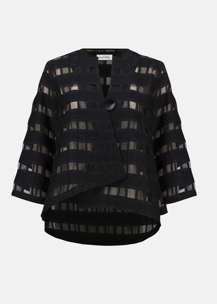 front view of plus size Joseph Ribkoff Novelty Sheer Check Swing Jacket in Black