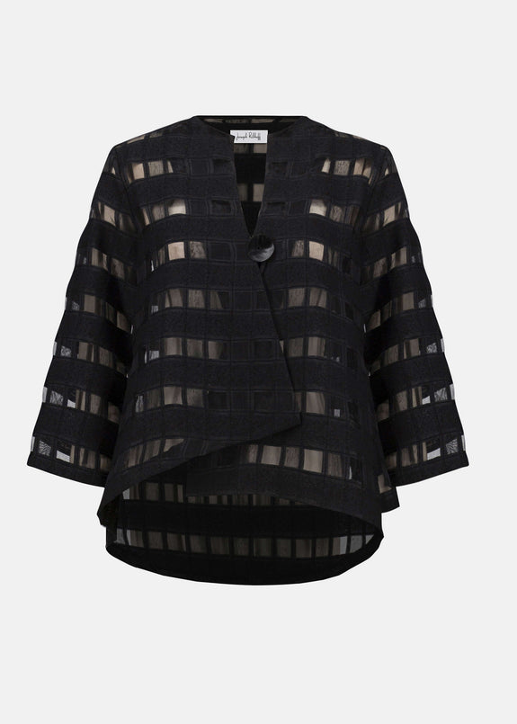 front view of plus size Joseph Ribkoff Novelty Sheer Check Swing Jacket in Black