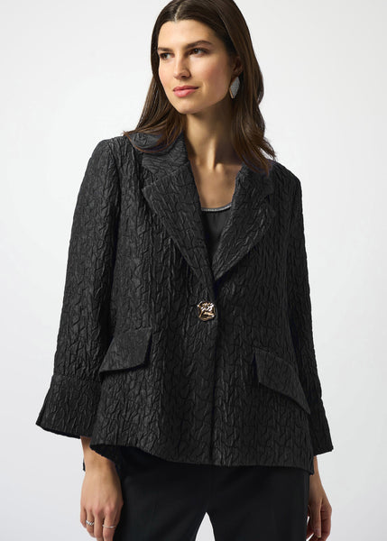 front view of plus size Joseph Ribkoff Textured Jacquard Swing Jacket in Black