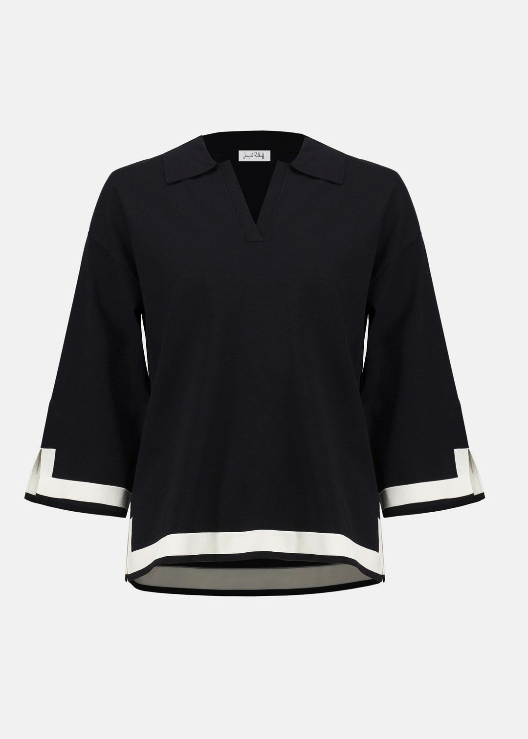 front view of plus size Joseph Ribkoff Sweater Knit color Block Top in Black/Vanilla
