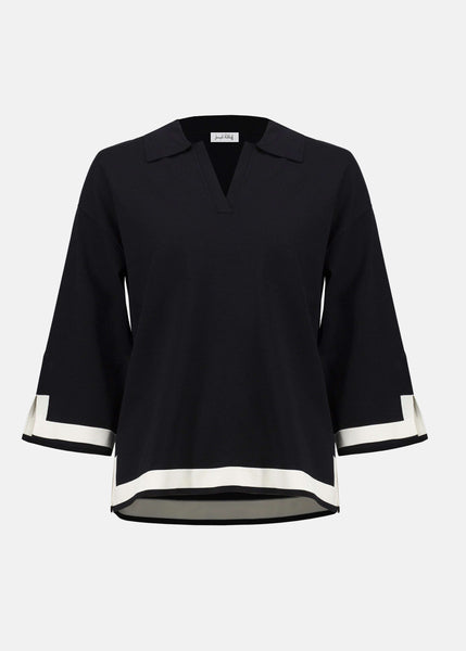 front view of plus size Joseph Ribkoff Sweater Knit color Block Top in Black/Vanilla