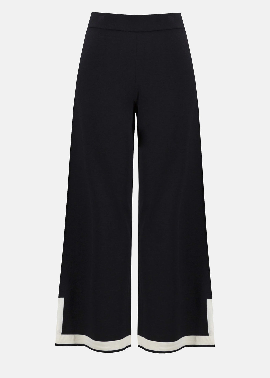 front view of plus size Joseph Ribkoff Sweater Knit Color Block Pant in Black/Vanilla