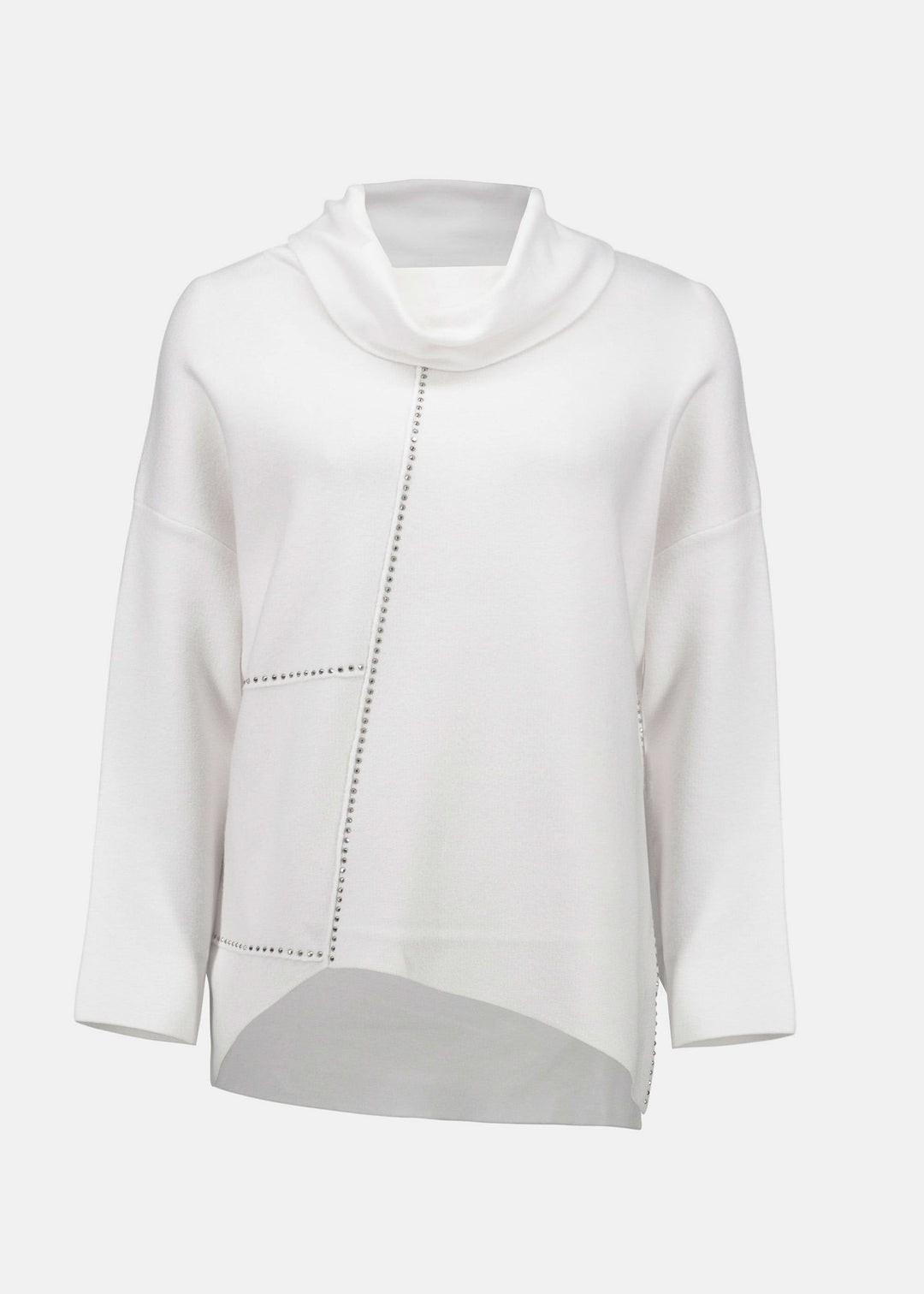 front view of plus size Joseph Ribkoff Asymmetrical Pullover with Studs in Vanilla