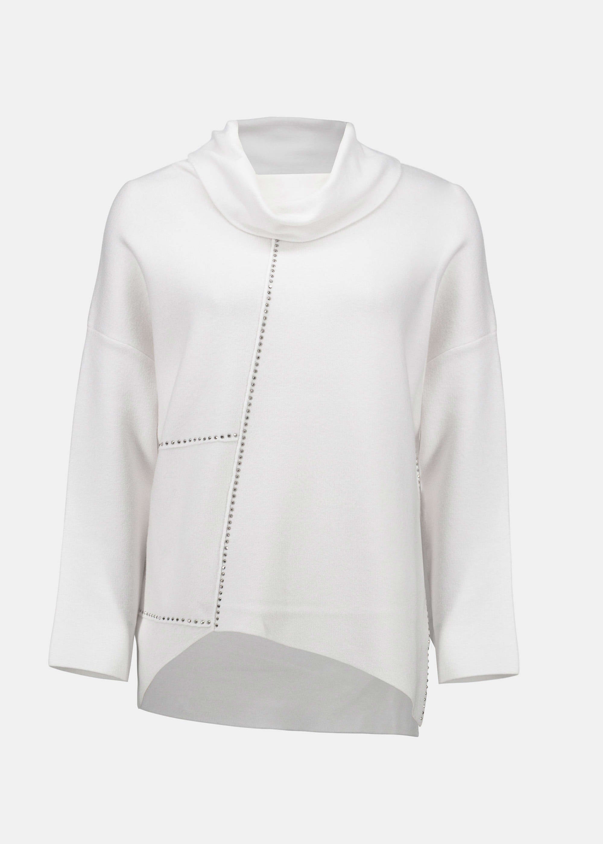 front view of plus size Joseph Ribkoff Asymmetrical Pullover with Studs in Vanilla