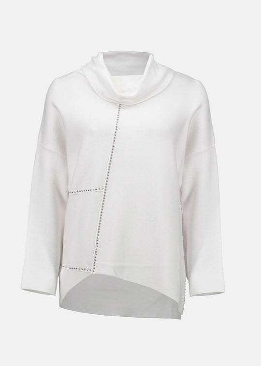 front view of plus size Joseph Ribkoff Asymmetrical Pullover with Studs in Vanilla