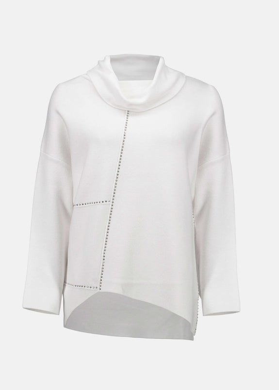 front view of plus size Joseph Ribkoff Asymmetrical Pullover with Studs in Vanilla