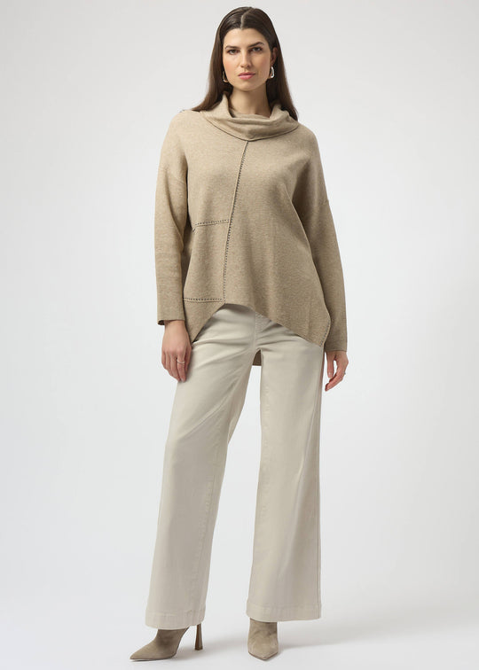 front view of plus size Joseph Ribkoff Asymmetrical Pullover with Studs in Oatmeal