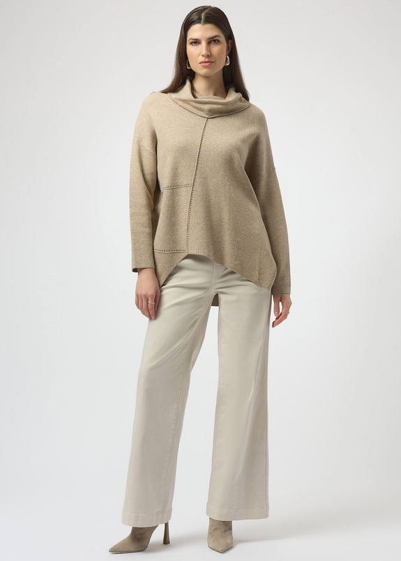front view of plus size Joseph Ribkoff Asymmetrical Pullover with Studs in Oatmeal