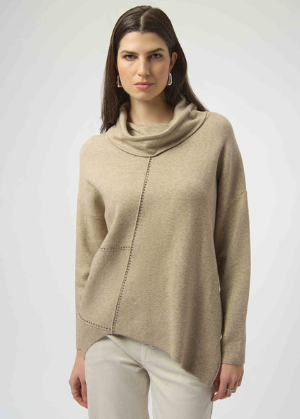 front view of plus size Joseph Ribkoff Asymmetrical Pullover with Studs in Oatmeal