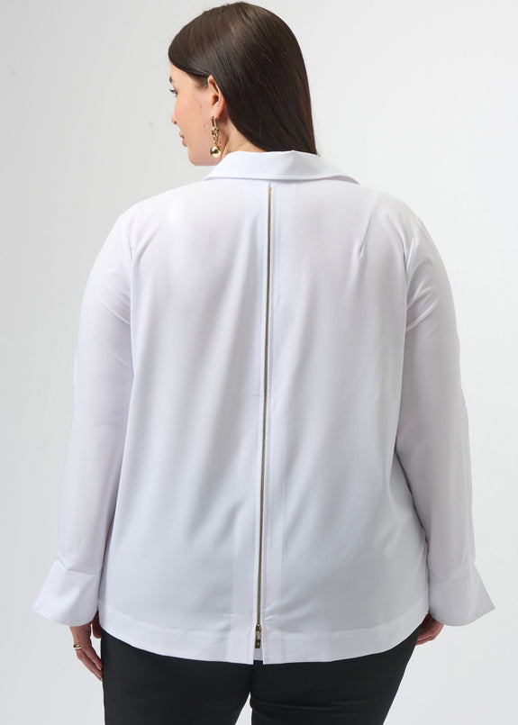 back view of plus size Joseph Ribkoff Stretch Poplin Shirt with Pleat and Zip Detail in Optic White