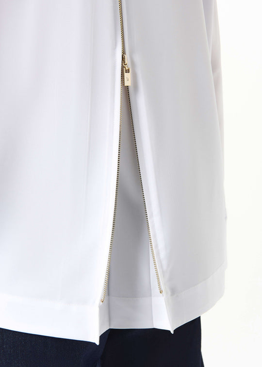 close up back view of plus size Joseph Ribkoff Stretch Poplin Shirt with Pleat and Zip Detail in Optic White