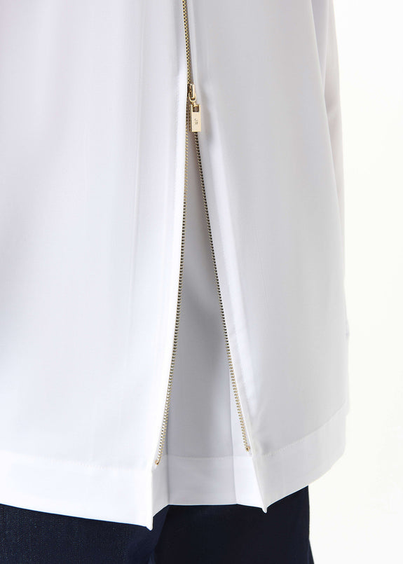 close up back view of plus size Joseph Ribkoff Stretch Poplin Shirt with Pleat and Zip Detail in Optic White