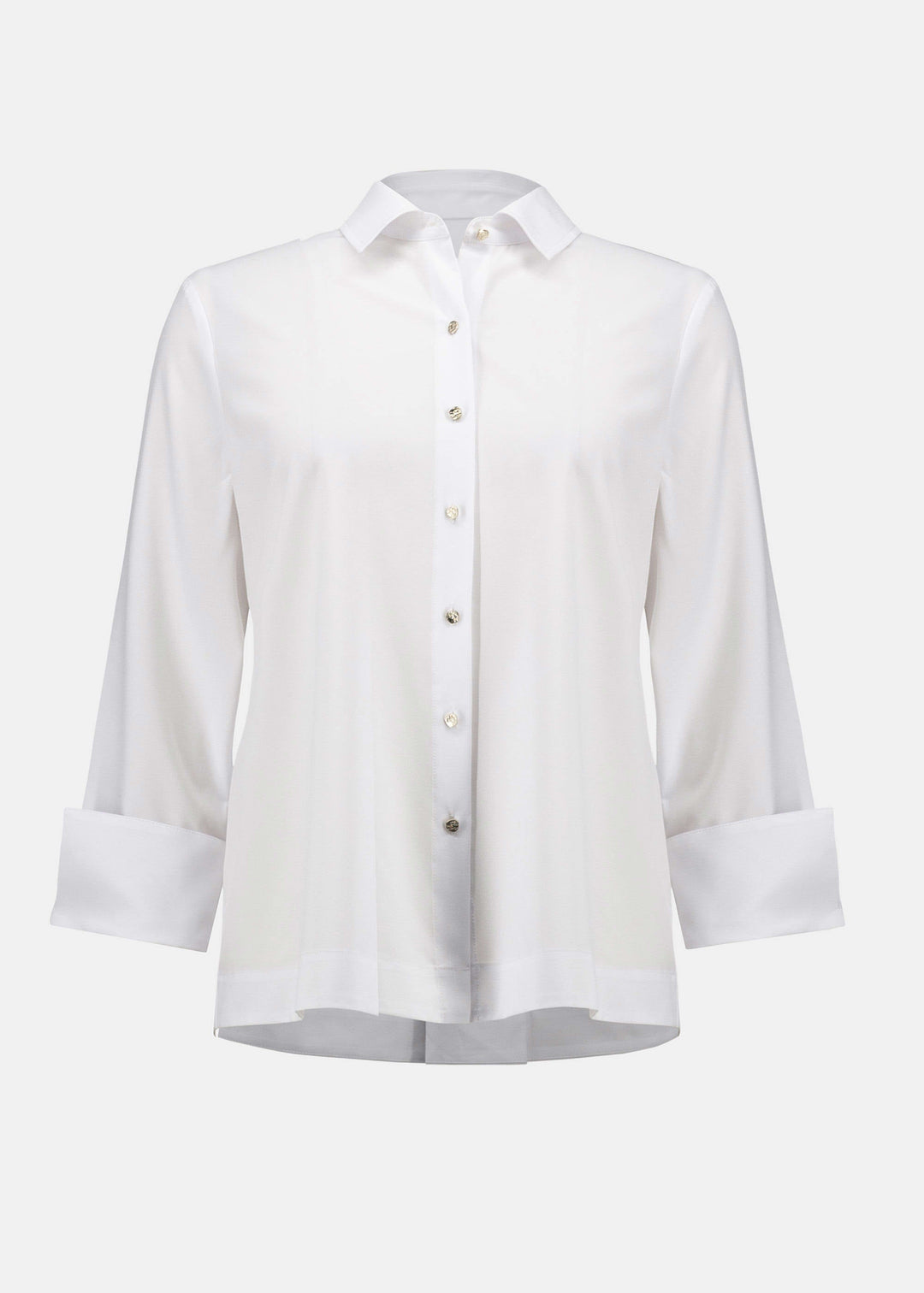 front view of plus size Joseph Ribkoff Stretch Poplin Shirt with Pleat and Zip Detail in Optic White