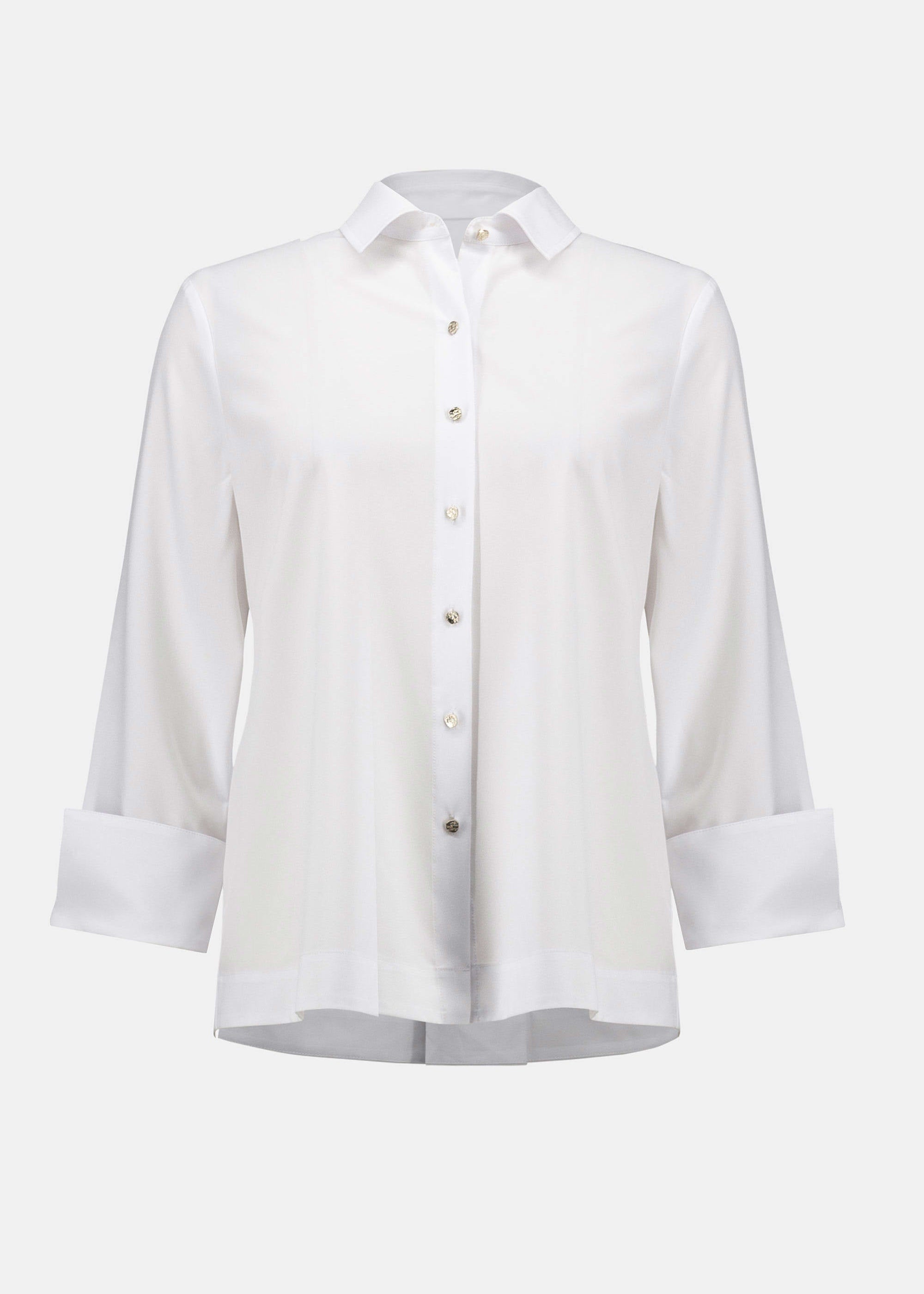 front view of plus size Joseph Ribkoff Stretch Poplin Shirt with Pleat and Zip Detail in Optic White
