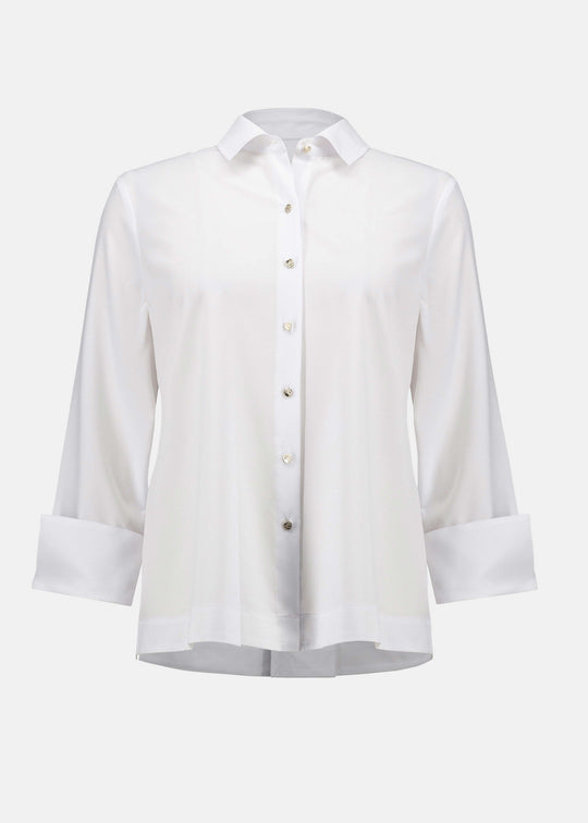 front view of plus size Joseph Ribkoff Stretch Poplin Shirt with Pleat and Zip Detail in Optic White