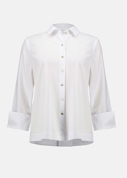 front view of plus size Joseph Ribkoff Stretch Poplin Shirt with Pleat and Zip Detail in Optic White