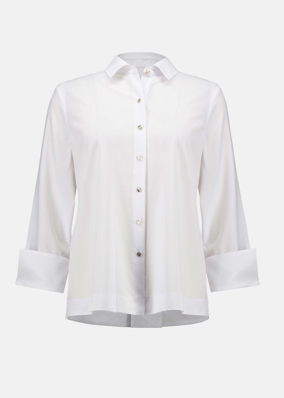 front view of plus size Joseph Ribkoff Stretch Poplin Shirt with Pleat and Zip Detail in Optic White