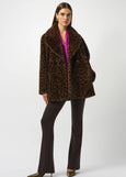 front view of plus size Joseph Ribkoff Faux Fur Animal Print Coat in Beige/Blk