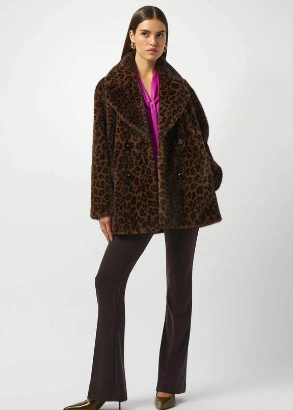 front view of plus size Joseph Ribkoff Faux Fur Animal Print Coat in Beige/Blk