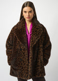 front view of plus size Joseph Ribkoff Faux Fur Animal Print Coat in Beige/Blk