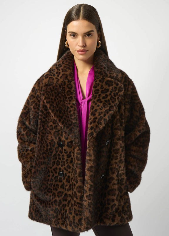 front view of plus size Joseph Ribkoff Faux Fur Animal Print Coat in Beige/Blk