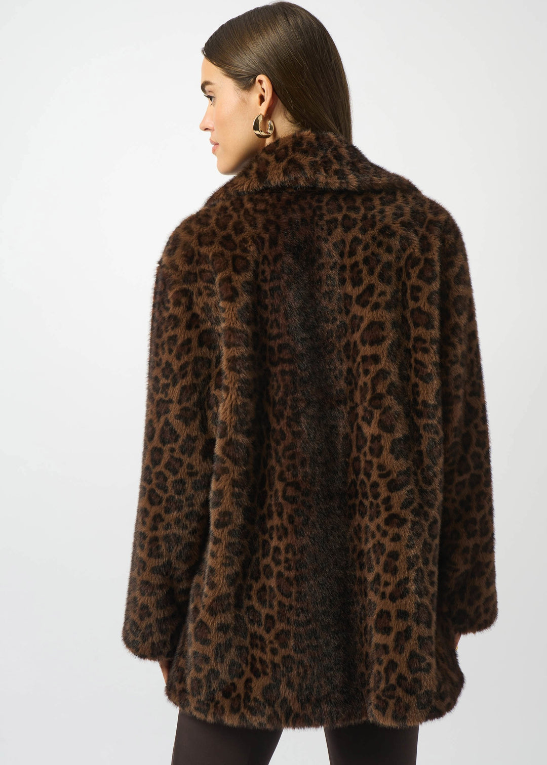 back view of plus size Joseph Ribkoff Faux Fur Animal Print Coat in Beige/Blk
