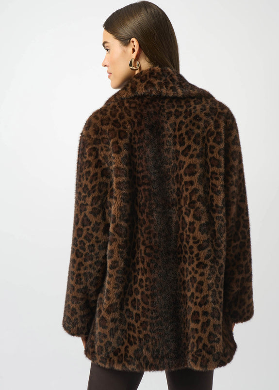 back view of plus size Joseph Ribkoff Faux Fur Animal Print Coat in Beige/Blk