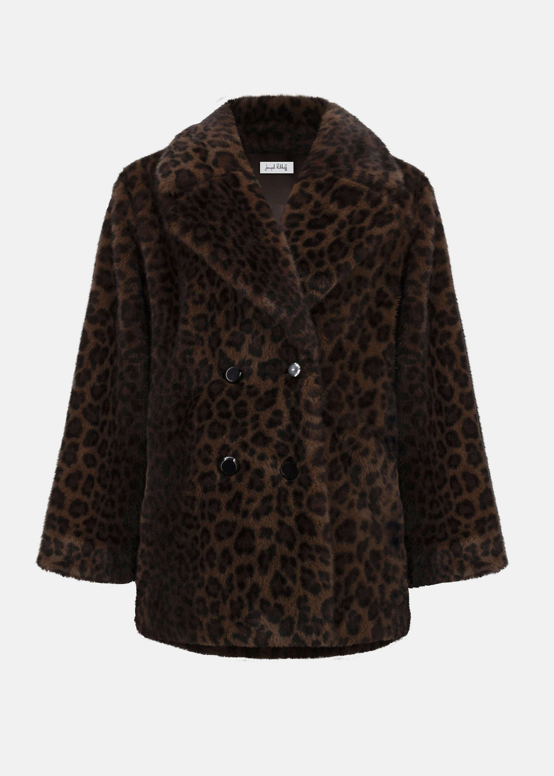 front view of plus size Joseph Ribkoff Faux Fur Animal Print Coat in Beige/Blk