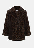 front view of plus size Joseph Ribkoff Faux Fur Animal Print Coat in Beige/Blk