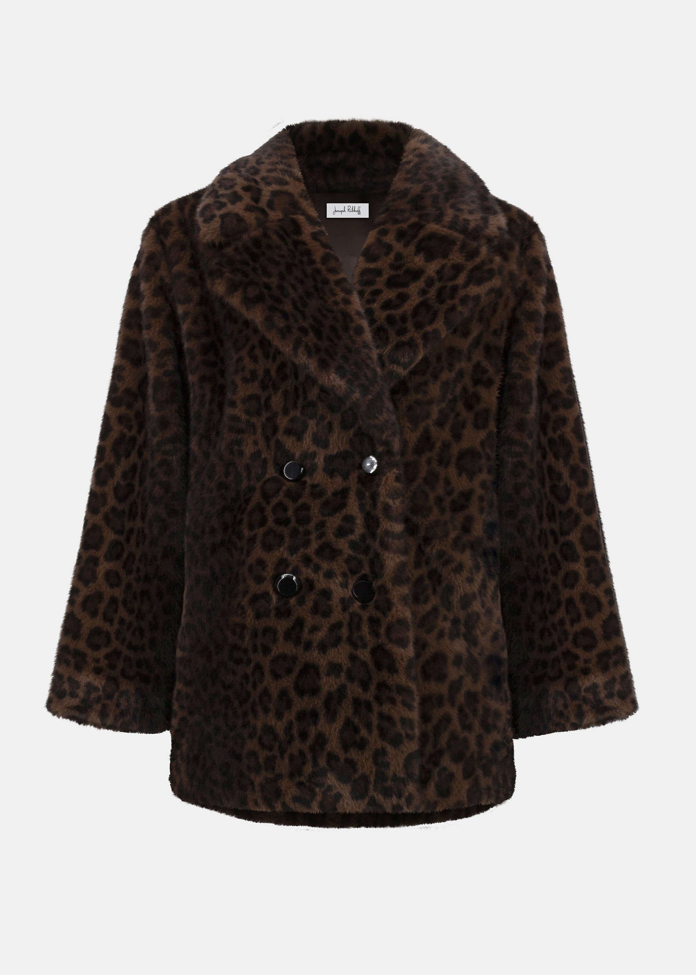 front view of plus size Joseph Ribkoff Faux Fur Animal Print Coat in Beige/Blk
