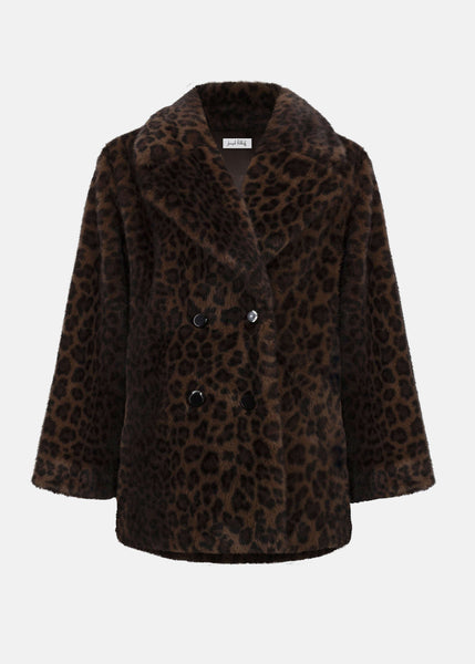 front view of plus size Joseph Ribkoff Faux Fur Animal Print Coat in Beige/Blk