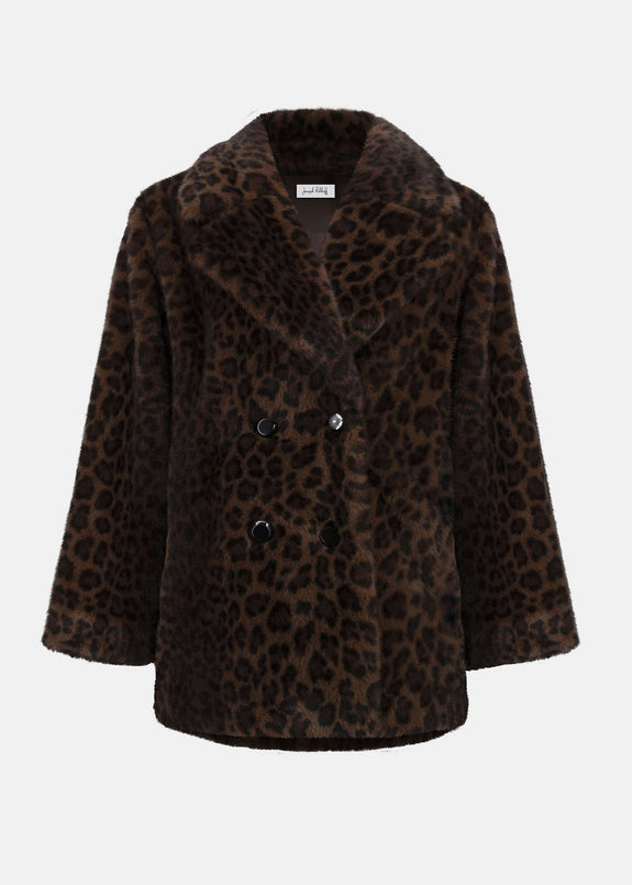 front view of plus size Joseph Ribkoff Faux Fur Animal Print Coat in Beige/Blk