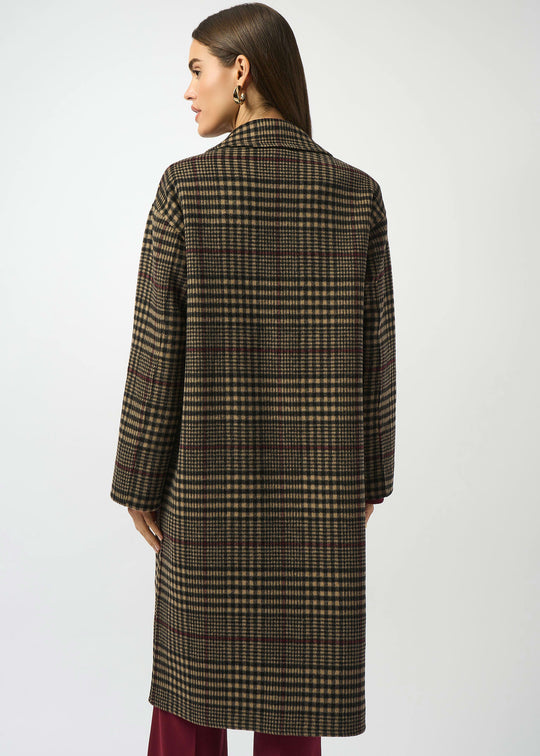 back view of plus size Joseph Ribkoff Wool Blend Plaid Double face Coat in Camel multi
