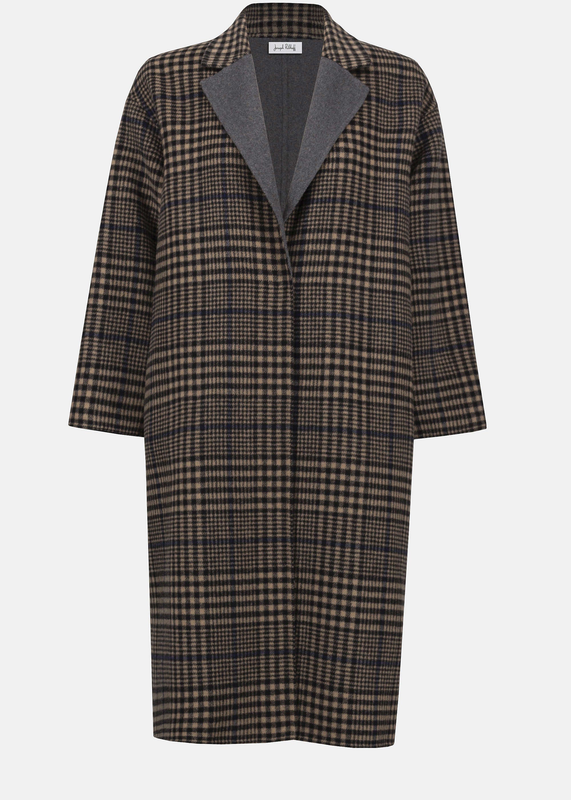 front view of plus size Joseph Ribkoff Wool Blend Plaid Double face Coat in Camel multi