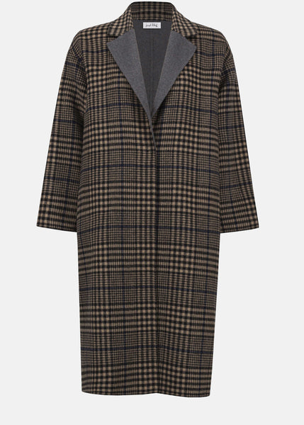 front view of plus size Joseph Ribkoff Wool Blend Plaid Double face Coat in Camel multi