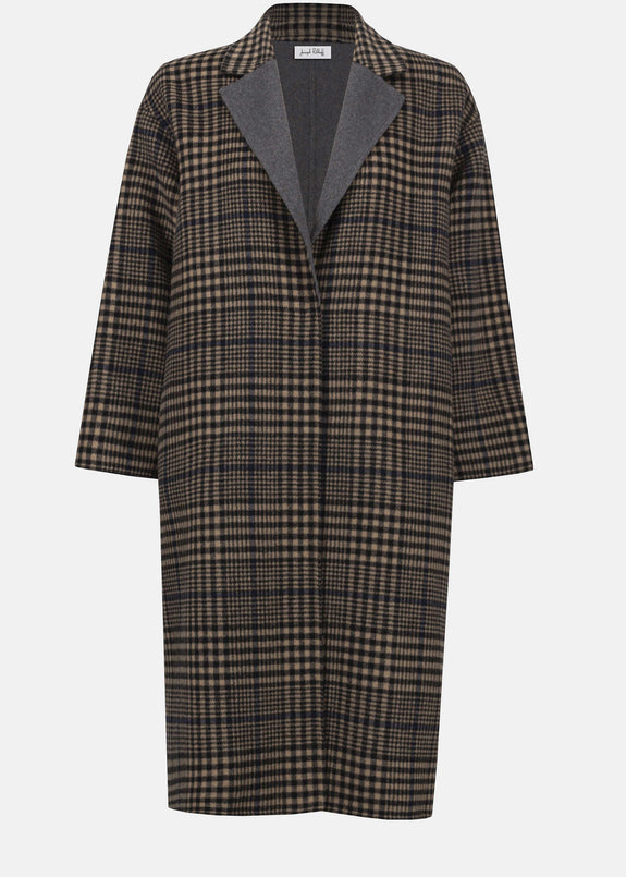 front view of plus size Joseph Ribkoff Wool Blend Plaid Double face Coat in Camel multi