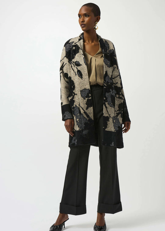 front view of plus size Joseph Ribkoff Floral Jacquard Cardi Coat With Faux Trim in Champagne/Black