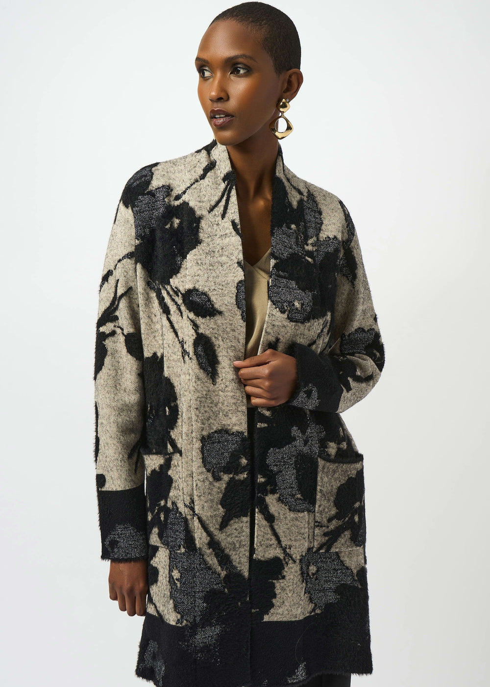front view of plus size Joseph Ribkoff Floral Jacquard Cardi Coat With Faux Trim in Champagne/Black