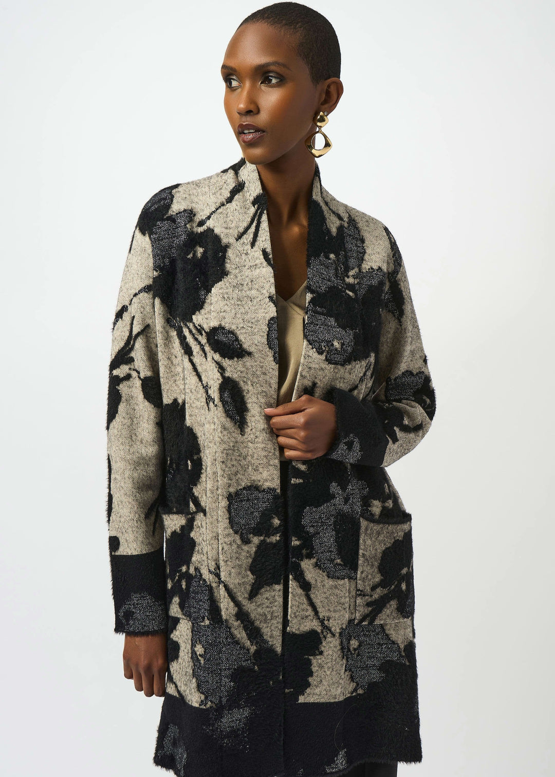 front view of plus size Joseph Ribkoff Floral Jacquard Cardi Coat With Faux Trim in Champagne/Black