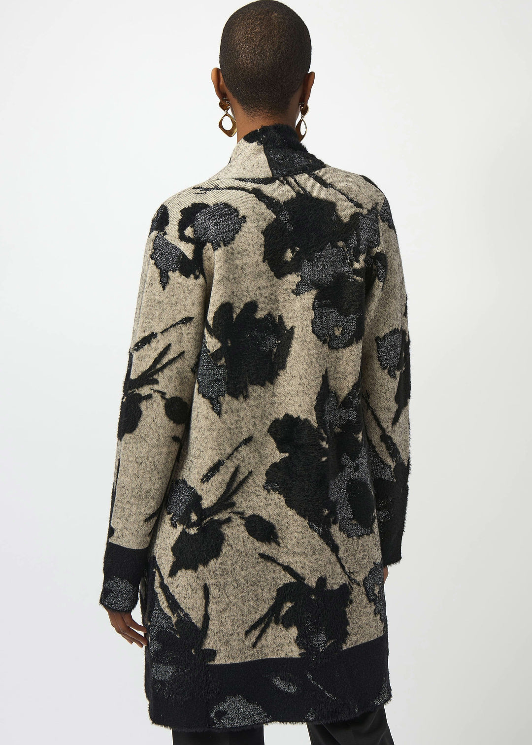back view of plus size Joseph Ribkoff Floral Jacquard Cardi Coat With Faux Trim in Champagne/Black