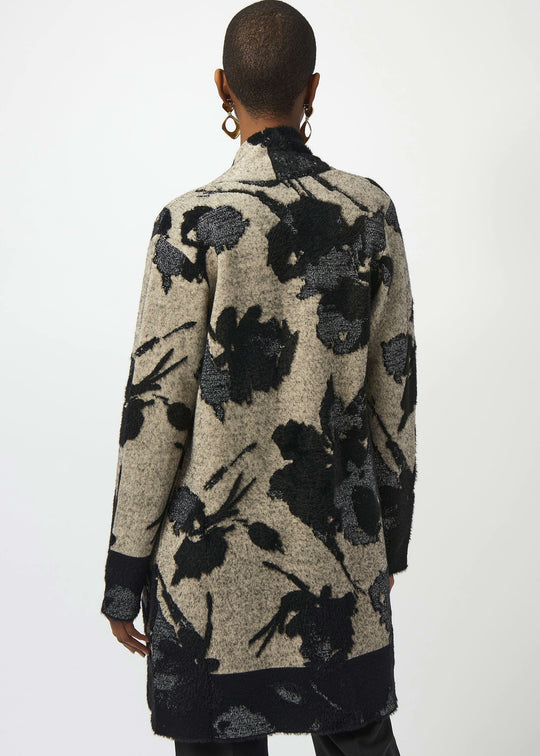 back view of plus size Joseph Ribkoff Floral Jacquard Cardi Coat With Faux Trim in Champagne/Black
