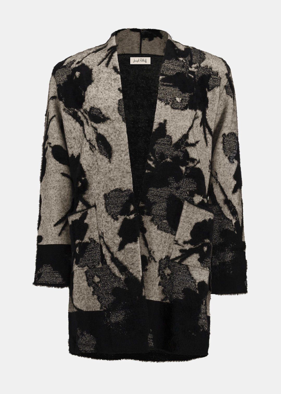 front view of plus size Joseph Ribkoff Floral Jacquard Cardi Coat With Faux Trim in Champagne/Black