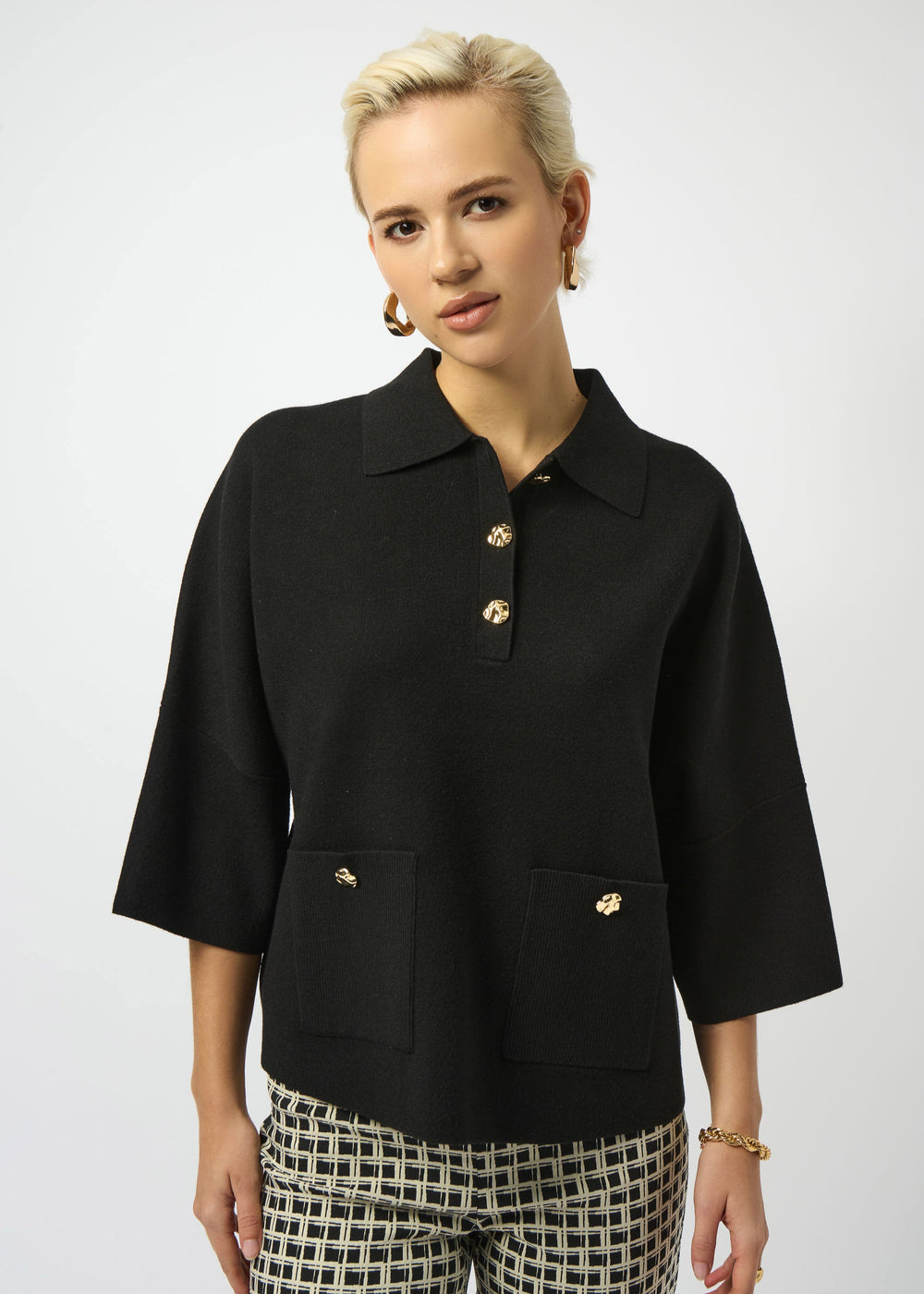 front view of plus size Joseph Ribkoff Sweater Knit Polo Boxy Top in Black