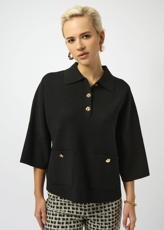 front view of plus size Joseph Ribkoff Sweater Knit Polo Boxy Top in Black
