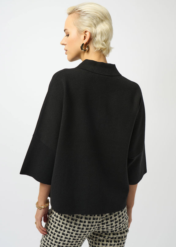back view of plus size Joseph Ribkoff Sweater Knit Polo Boxy Top in Black