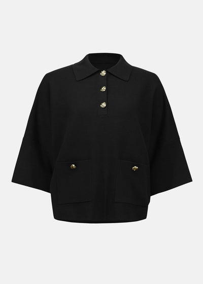Joseph Ribkoff Sweater Knit Polo Boxy Top in Black